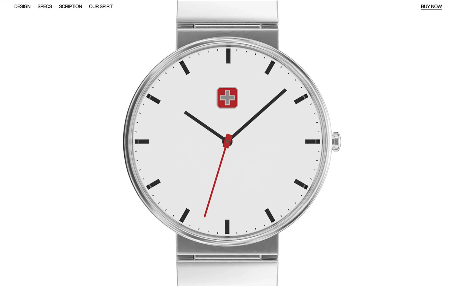 Minimalist watch with black hands, a red second hand, and a red cross logo on the dial.