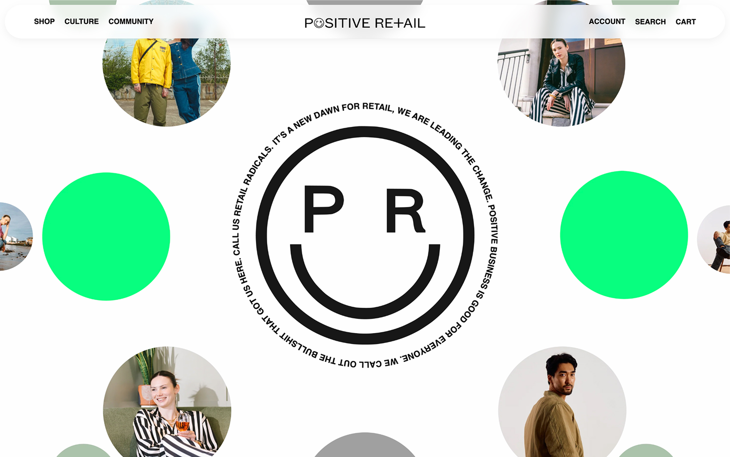A retail website banner with circles, "PR" logo, and diverse model images.
