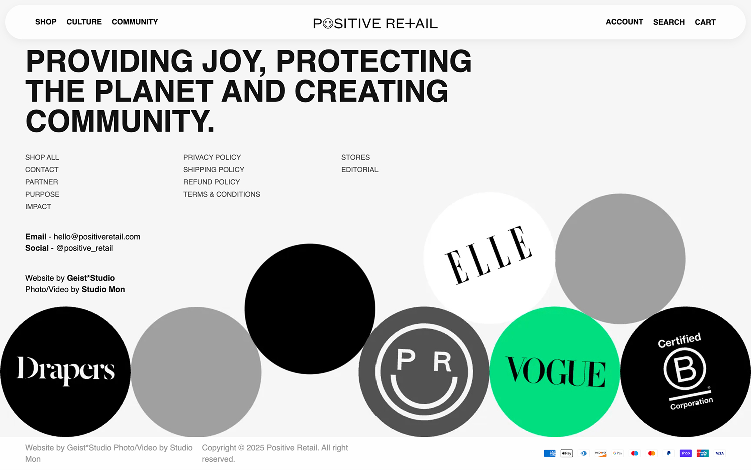 Website header for Positive Retail with a mission statement and logo circles.