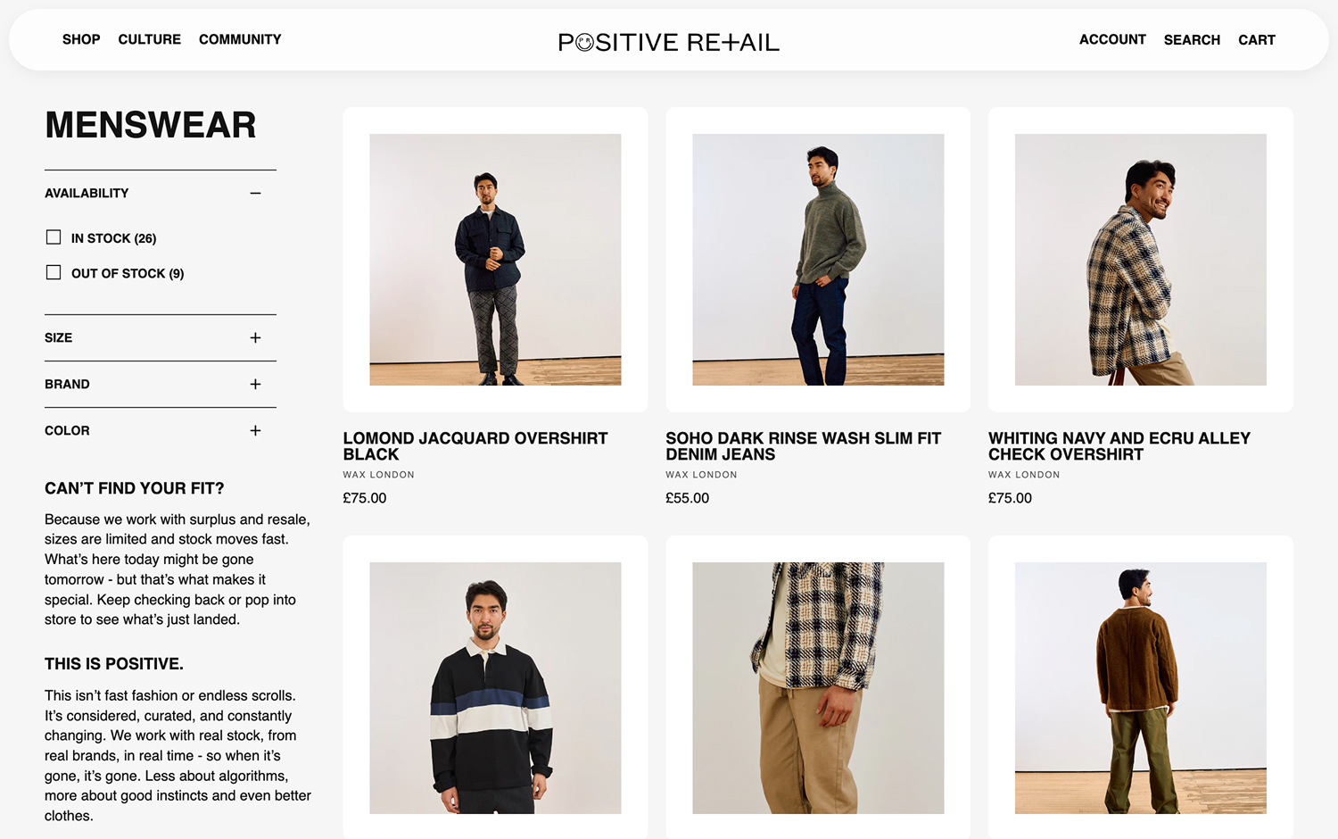 Online menswear catalog featuring overshirts and jeans with prices listed.