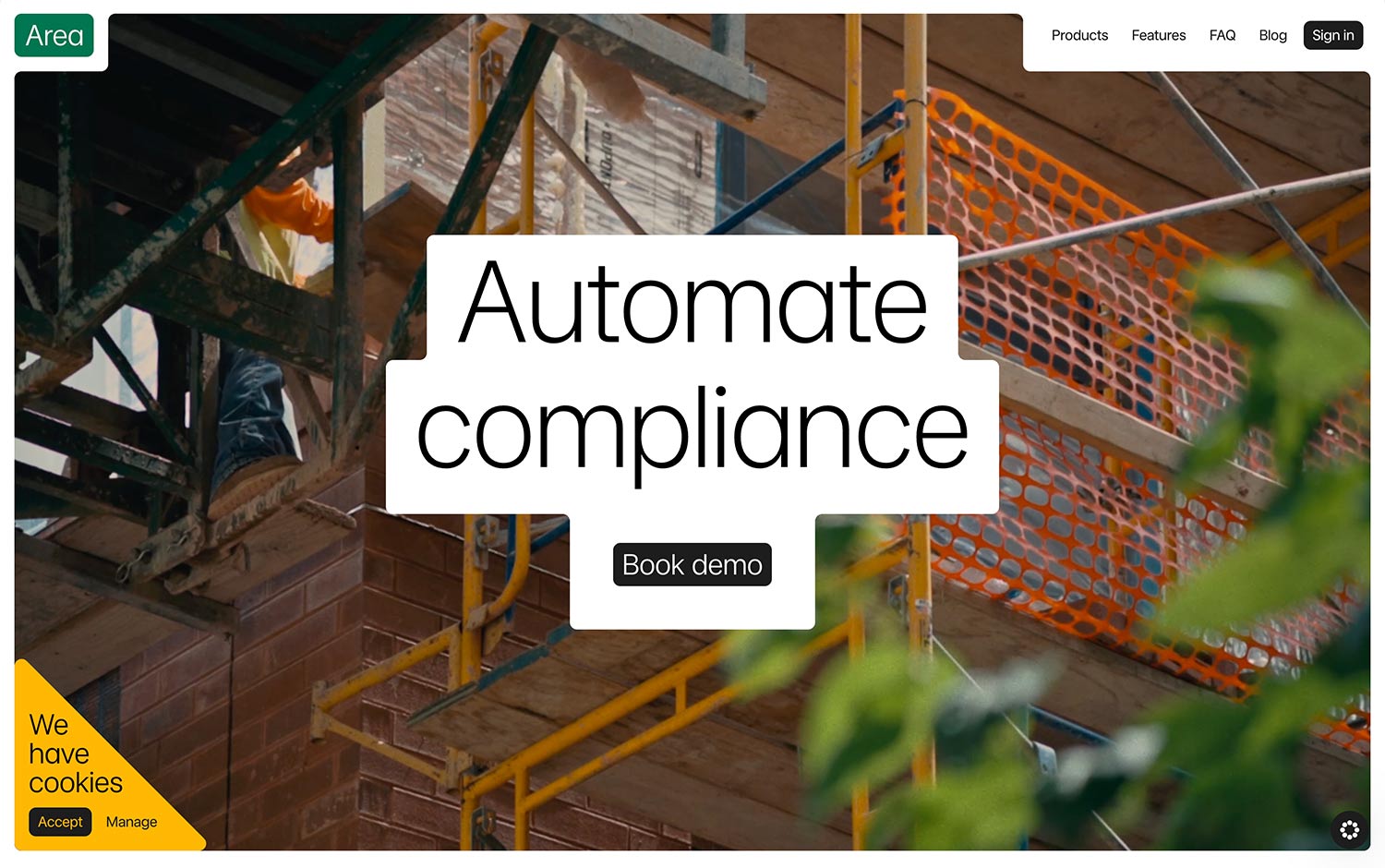 "Automate compliance" text on a construction-themed webpage with a demo booking option.