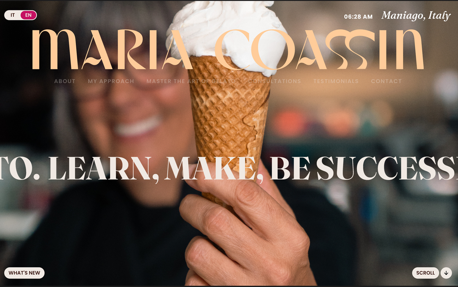 A hand holds an ice cream cone with text overlay on a blurred background.