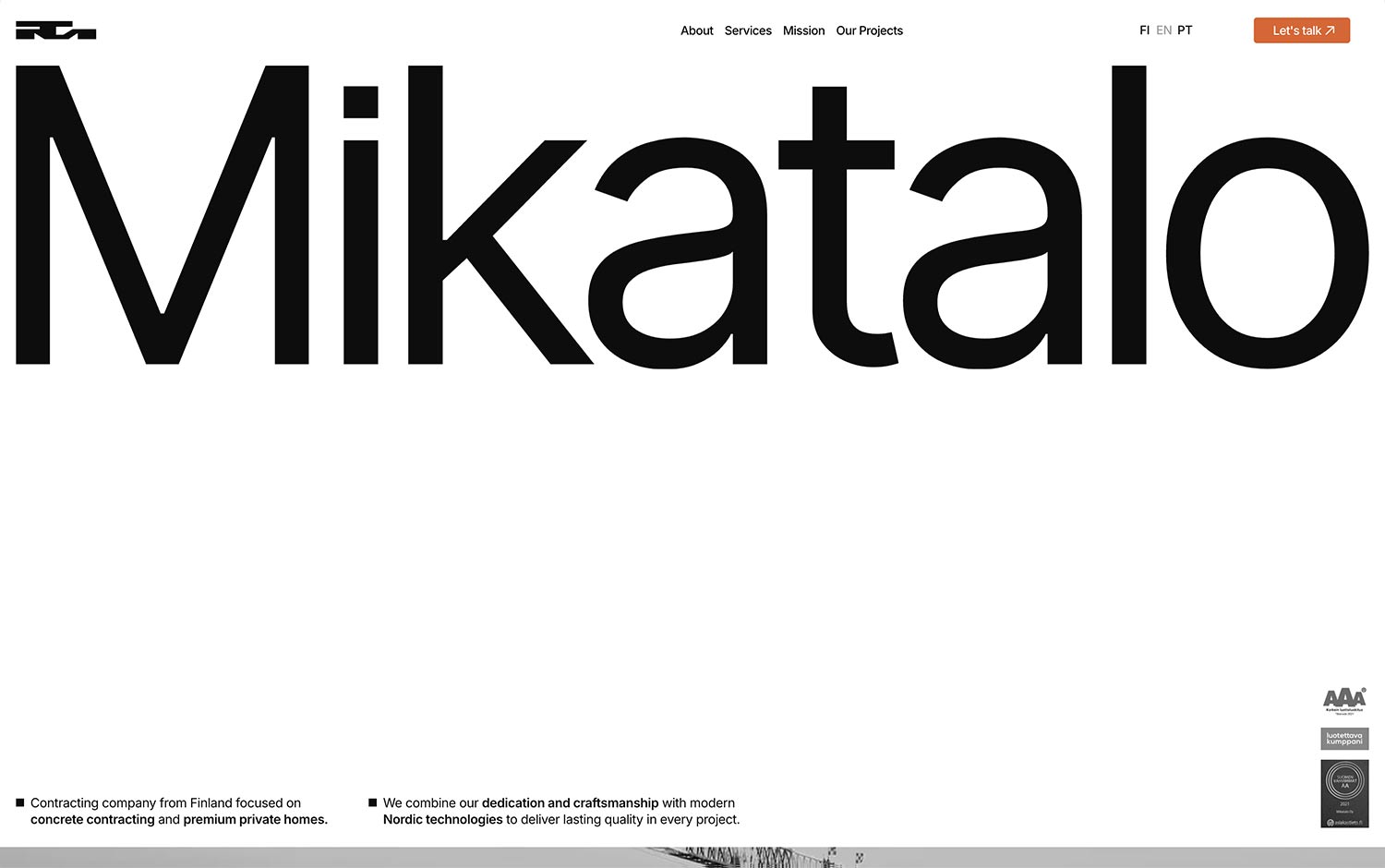 Black "Mikatalo" text on a white website header with navigation and a contact button.