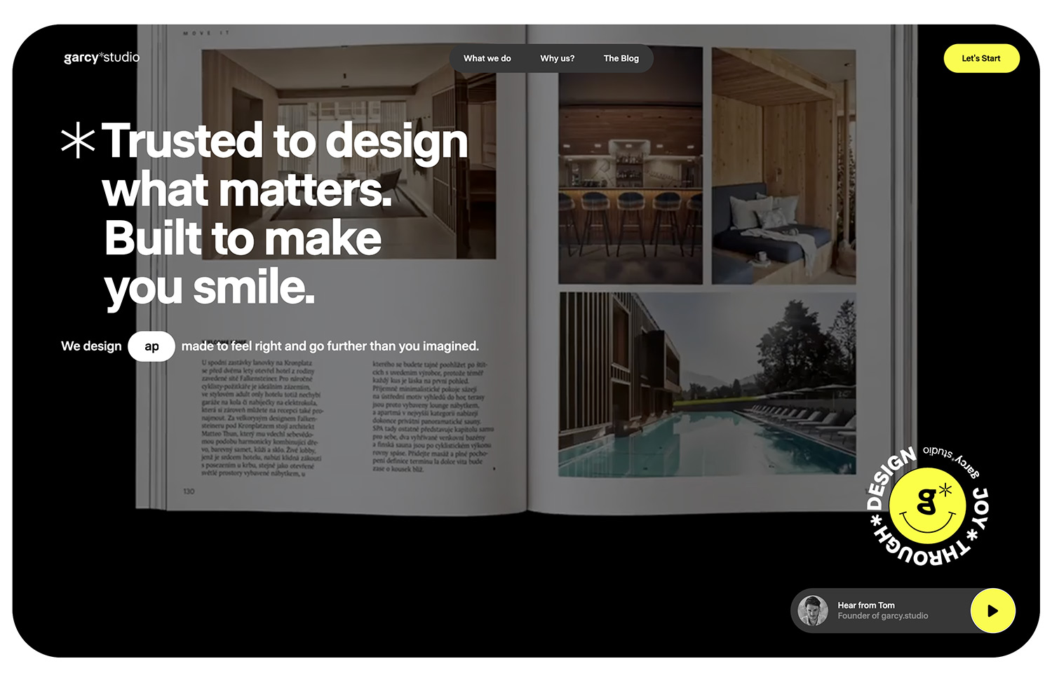 Design studio webpage with bold text, architecture images, and navigation buttons.