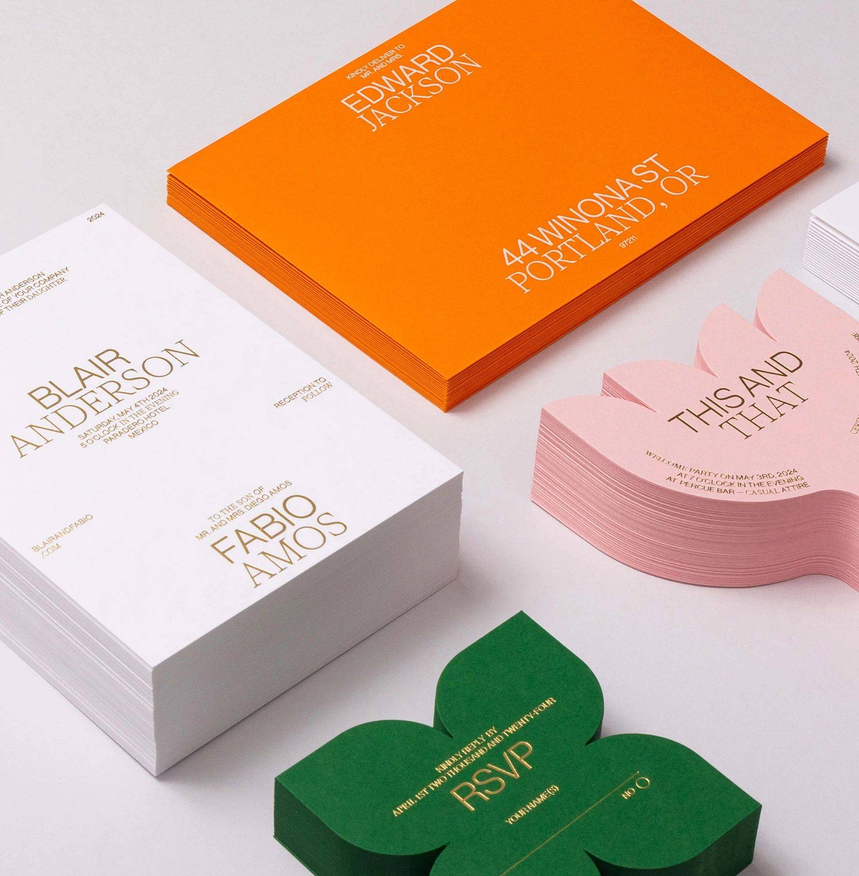 Colorful, neatly arranged stationery with bold text and various shapes.