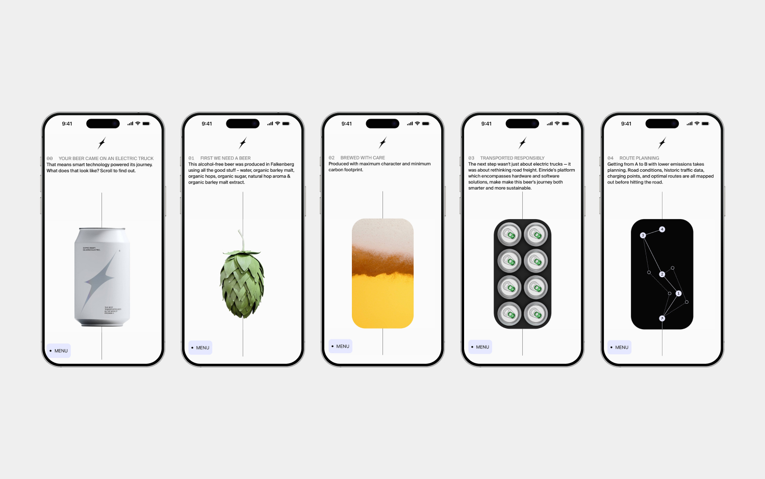 Five phones display images and text about sustainable beer production and transport.