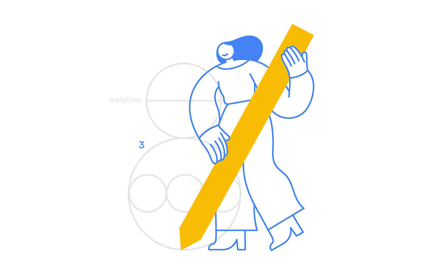 A person with cartoonish features holds a large yellow pencil, outlined in blue.